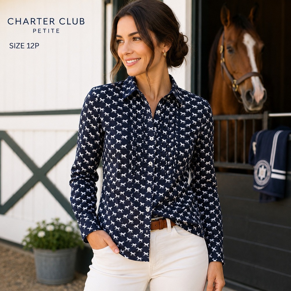 Charter Club Horse Print Shirt Women 12P Navy Blue Blouse Pintuck Pleated Front